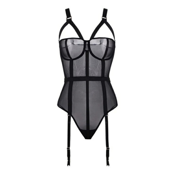 NWT CALLIOPE Strappy Black Bodycon Mesh Bodysuit with Garters Lingerie Goth - Picture 9 of 12